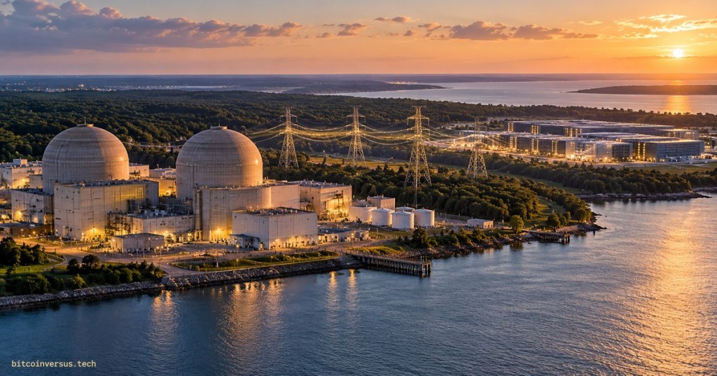 Aerial view of a two-reactor nuclear power plant beside a bay with transmission lines and data-center buildings at sunset