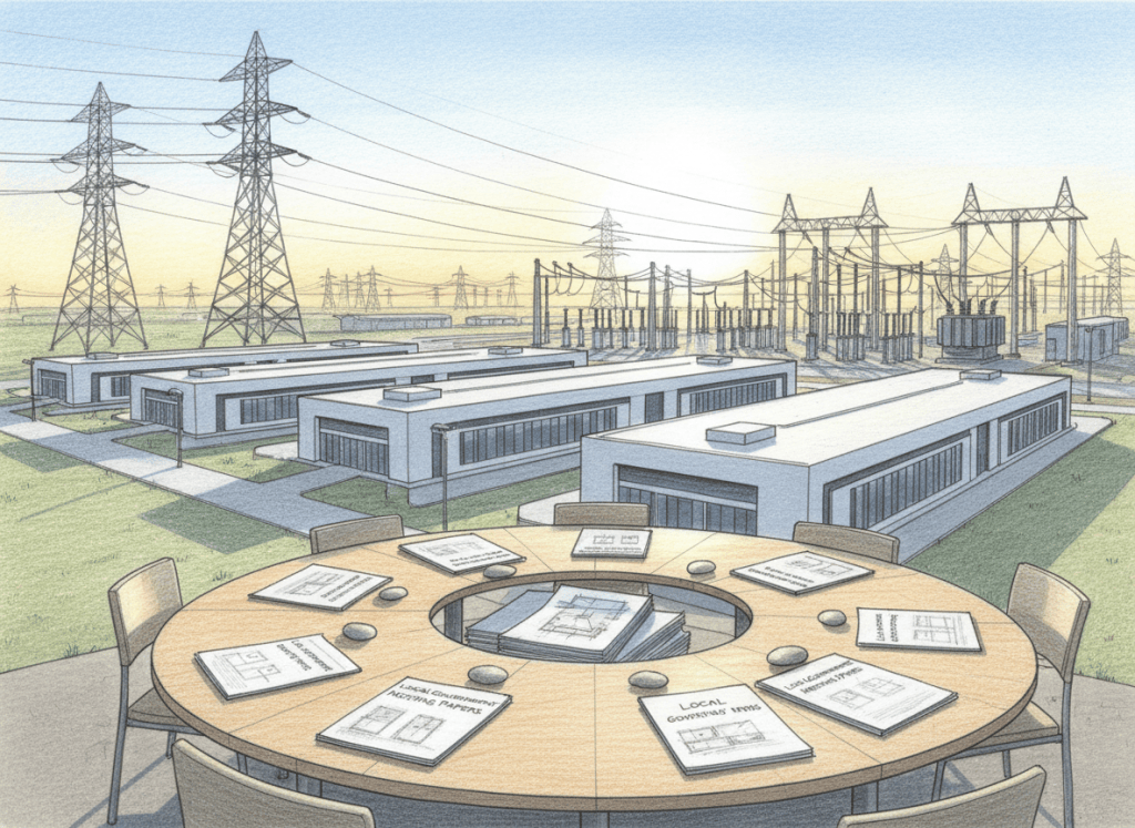 Color-pencil illustration of a hyperscale data center campus and public planning documents symbolizing project transparency.