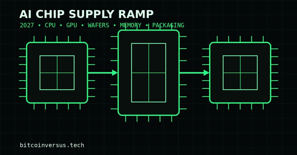 Technical illustration of three linked semiconductor chips representing AMD's planned 2027 CPU and GPU supply ramp