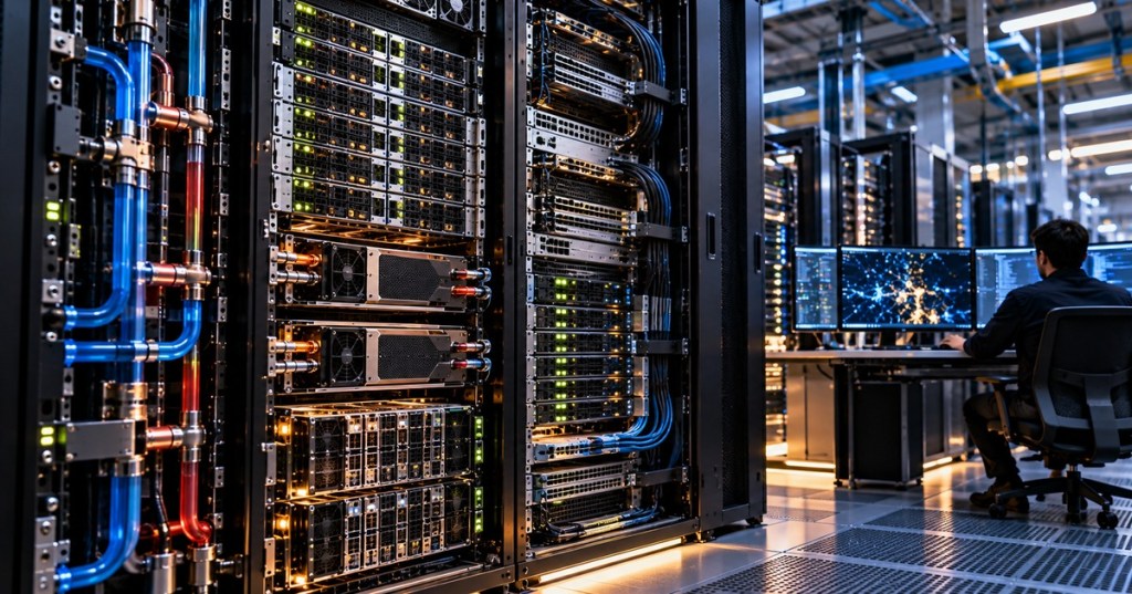 Liquid-cooled rack-scale AI data center system with dense CPU, GPU, networking and monitoring equipment