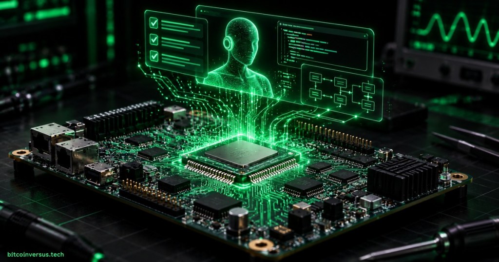 A neon-green AI hardware lab with a circuit board, processor and agentic software interface representing AI-assisted FPGA and embedded design.