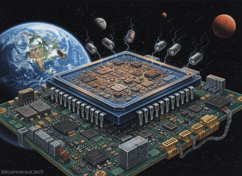 Space-grade adaptive SoC with exposed die on a spacecraft electronics board against a deep-space background.