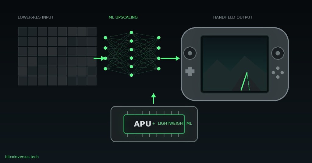 Generic handheld gaming PC connected to an APU and machine-learning upscaling diagram.