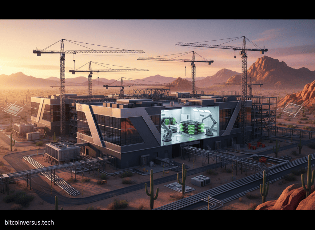 A large Arizona semiconductor packaging campus under construction with cleanroom buildings, cranes, and advanced chip packaging equipment.