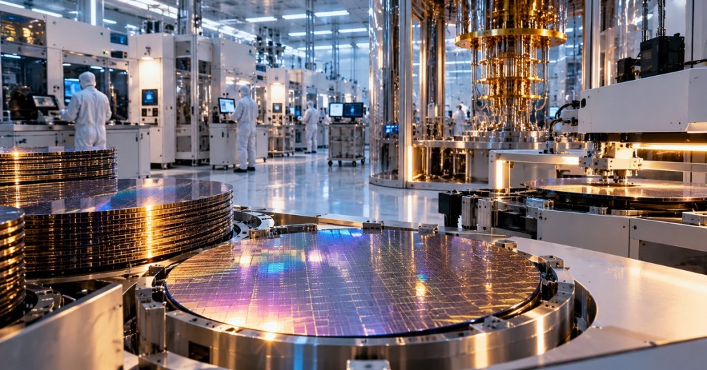 Original BitcoinVersus illustration of a 300mm quantum wafer foundry cleanroom
