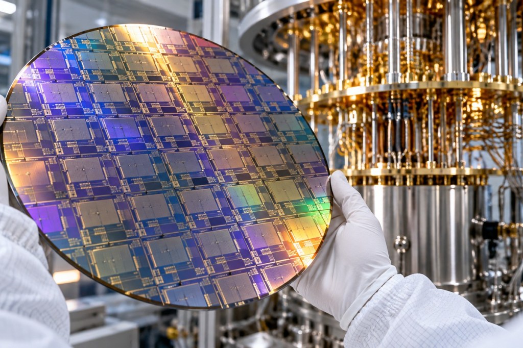 Original BitcoinVersus illustration of a 300mm quantum wafer in a semiconductor cleanroom