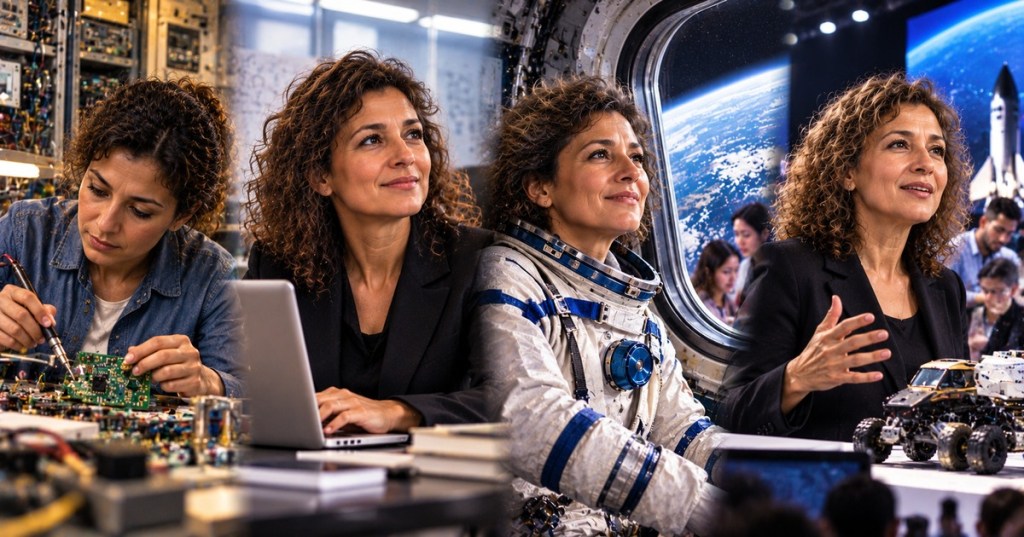 Illustrated Career News portrait of Anousheh Ansari as an engineer, technology entrepreneur, space explorer, and XPRIZE leader