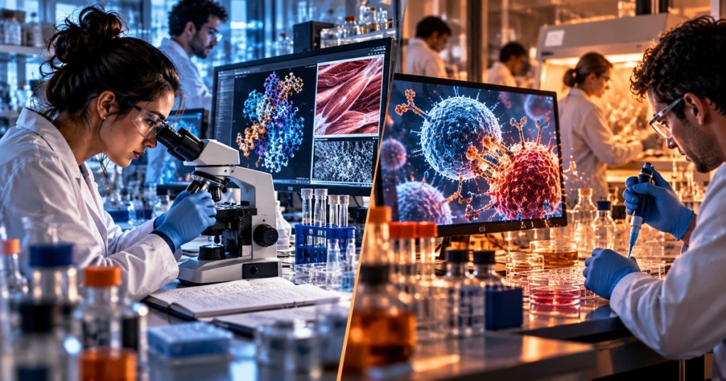 Detailed split-screen editorial illustration: scientists examine genetic disease samples on one side and cancer cell research on the other