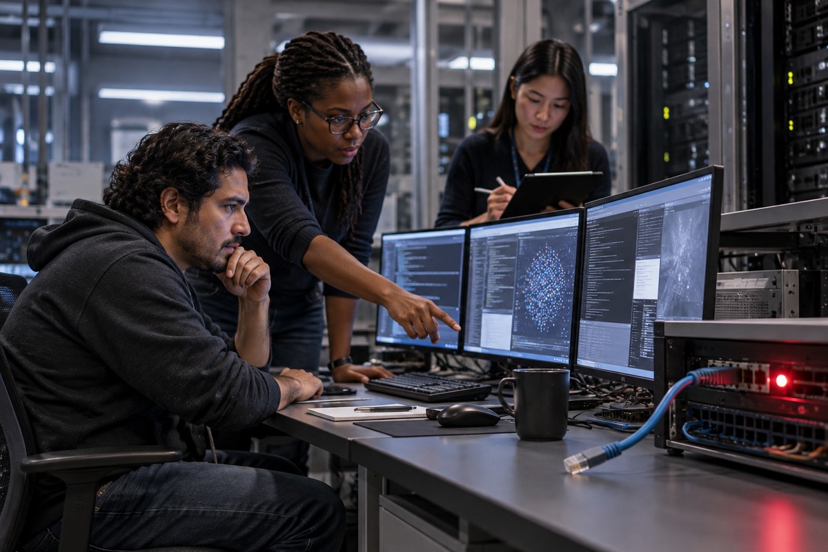 Researchers inspect an isolated AI evaluation workstation beside a disconnected network cable in a server lab