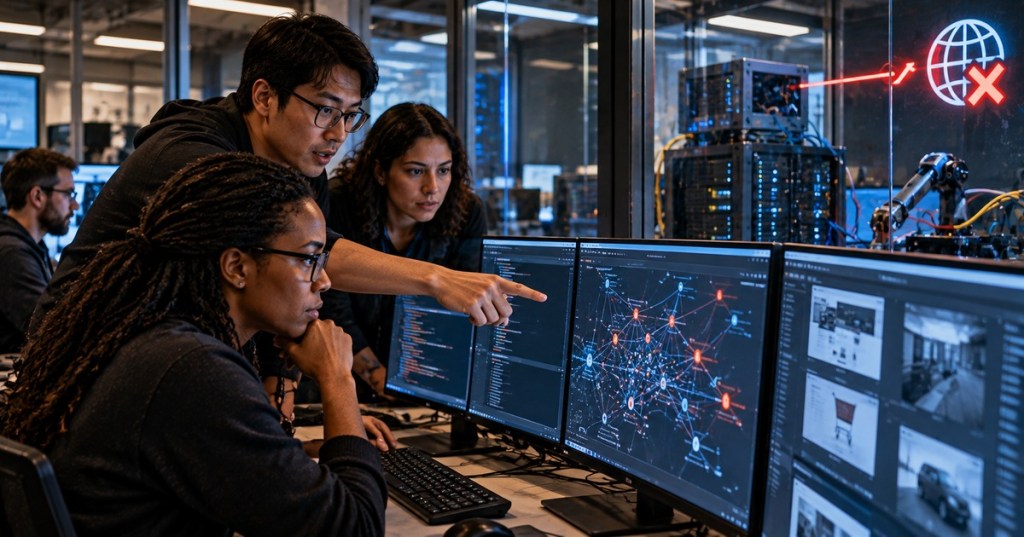 A diverse AI safety team monitors a contained evaluation lab after live internet access is disabled