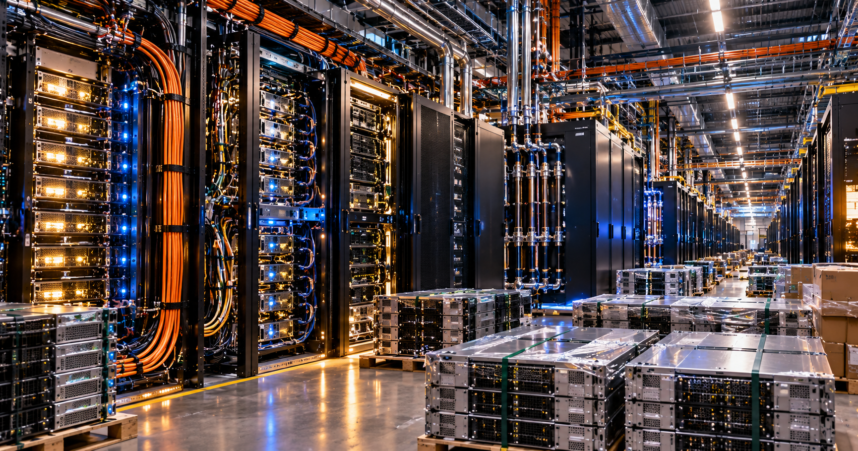 Conceptual data center with AI server racks and new computing hardware awaiting installation