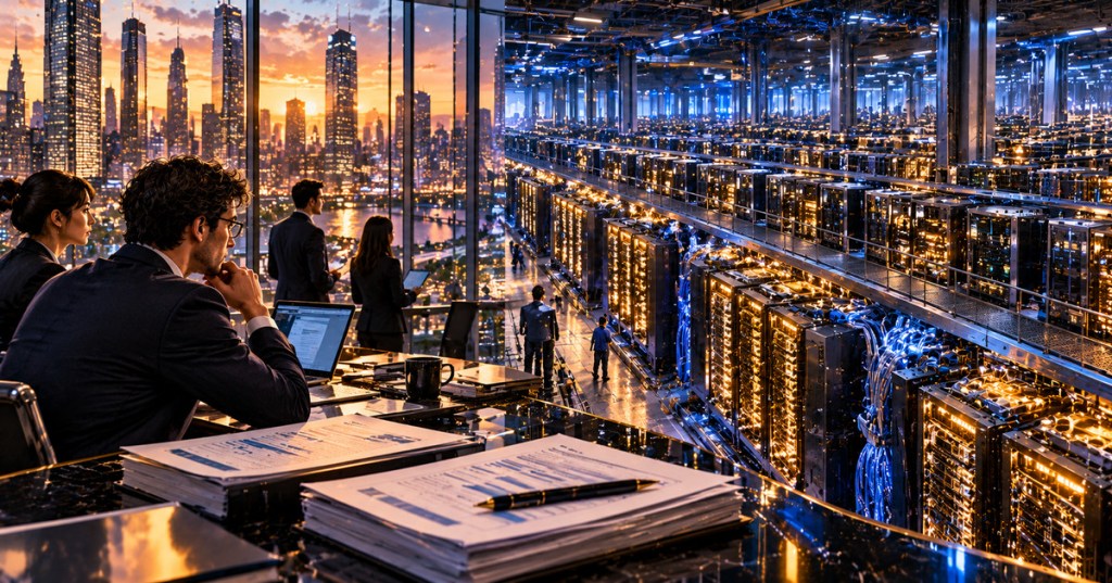Conceptual editorial illustration of AI computing racks beside a boardroom reviewing financial reports