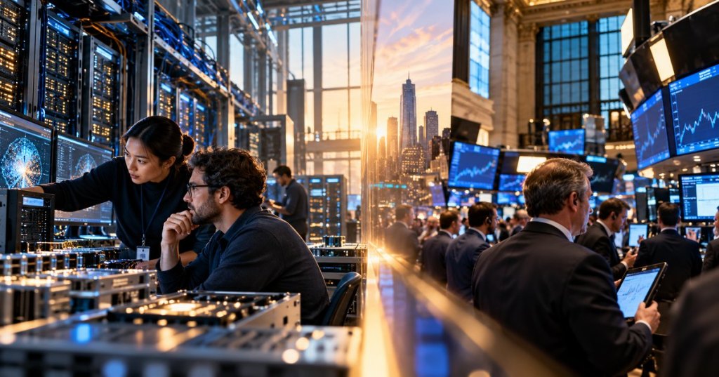 Detailed split-screen editorial photo illustration of engineers at an AI data center and traders on an exchange floor, symbolizing Anthropic's Nasdaq IPO filing.