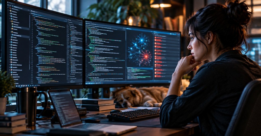 Cybersecurity analyst reviewing code and AI-assisted vulnerability findings on multiple monitors