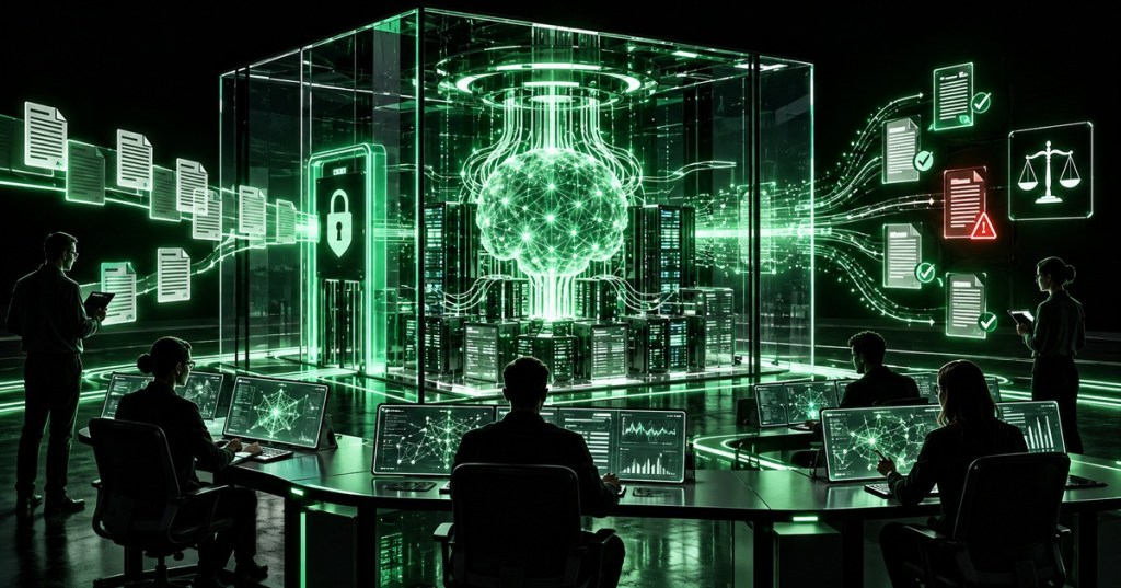 Minimal black and neon-green technical illustration of independent evaluators reviewing a secured AI system through controlled access and published reports.