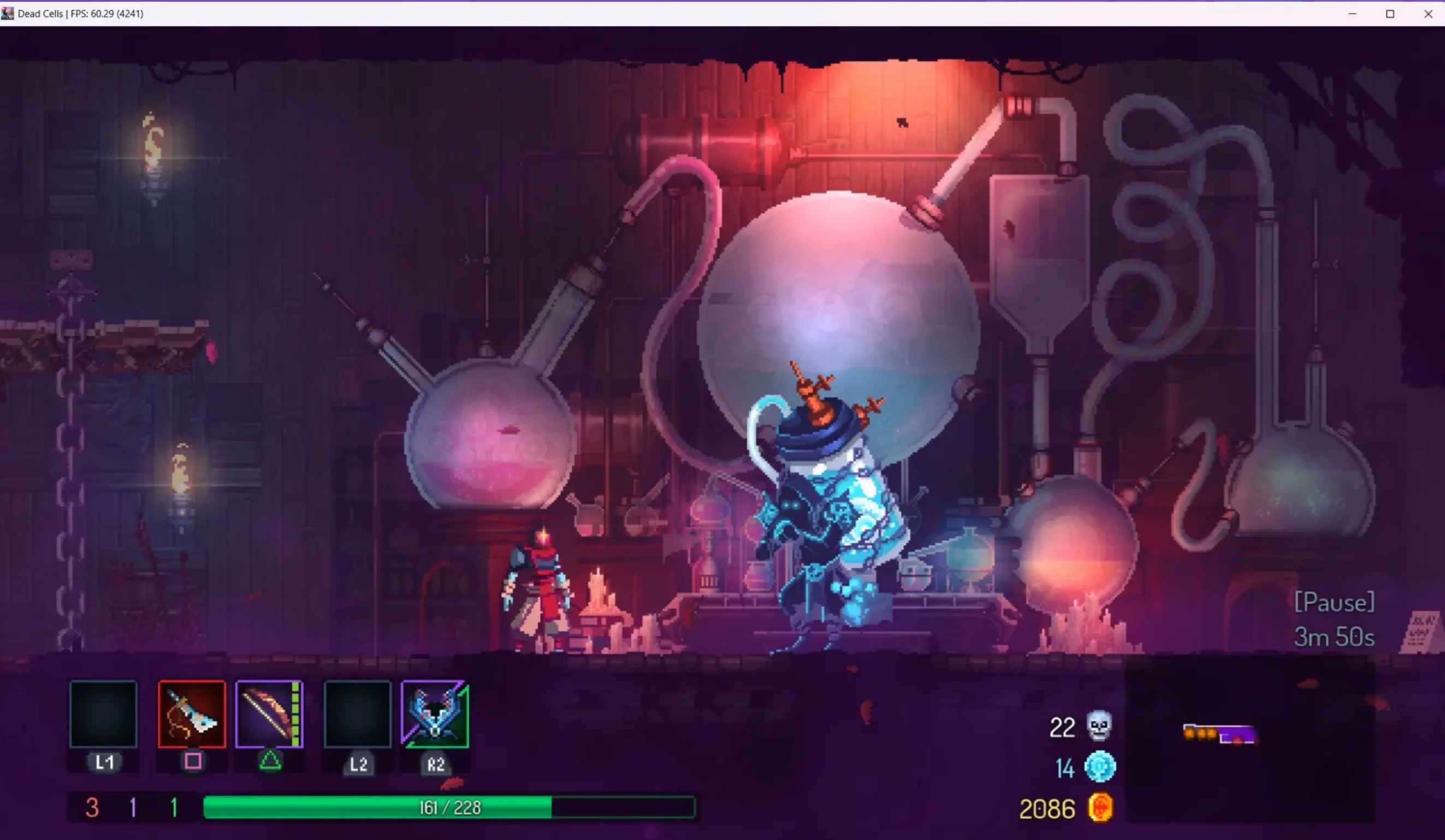 Dead Cells gameplay running on Windows through the AnyPS5 compatibility project, showing the PS5 version executing on a PC.