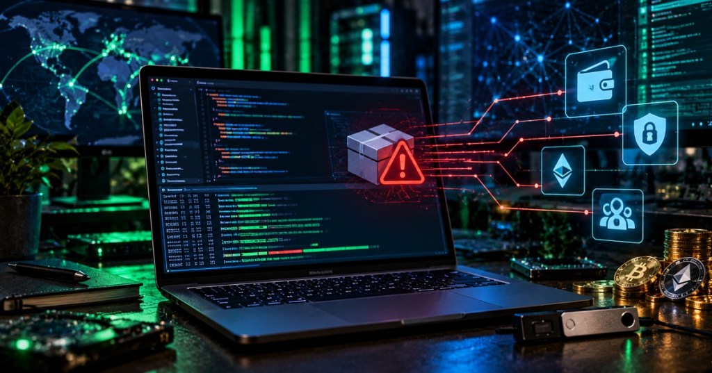 Cybersecurity workstation showing a malicious software package spreading toward crypto wallets and developer systems.