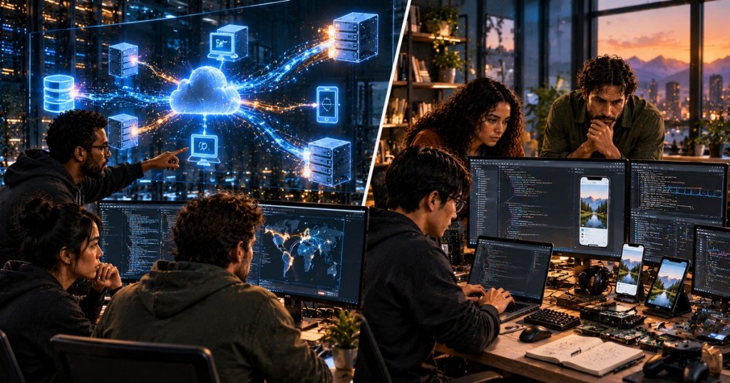 A diverse software engineering team compares cloud API connections with an application development toolkit and mobile app workflow.