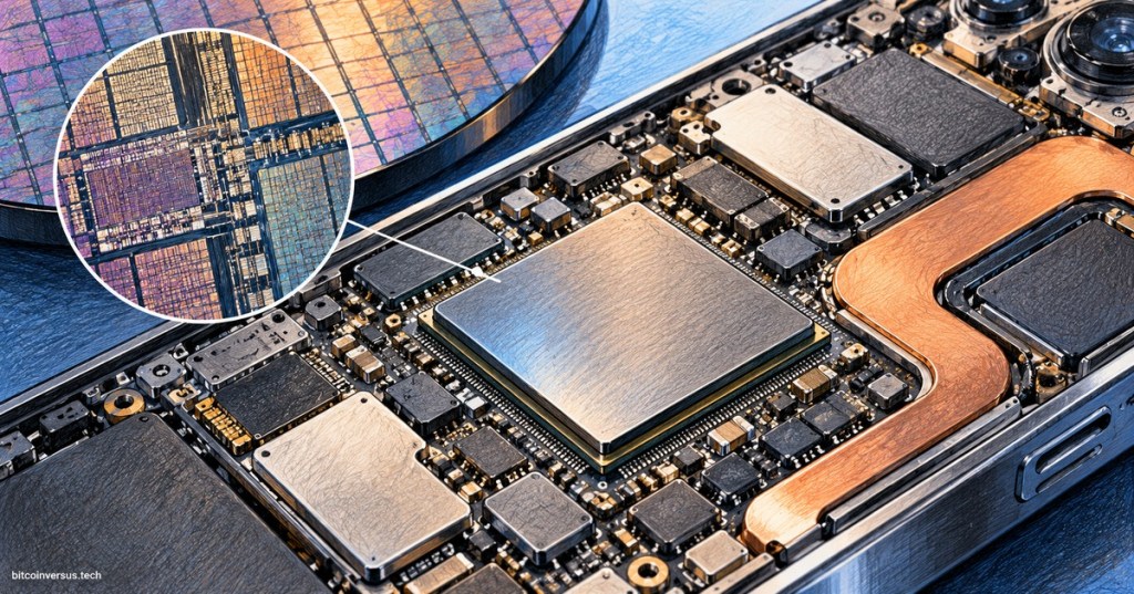 Colored-pencil illustration of a modern smartphone logic board centered on a large system-on-chip, with a semiconductor wafer and chip die detail representing Apple’s 2nm A20 Pro.