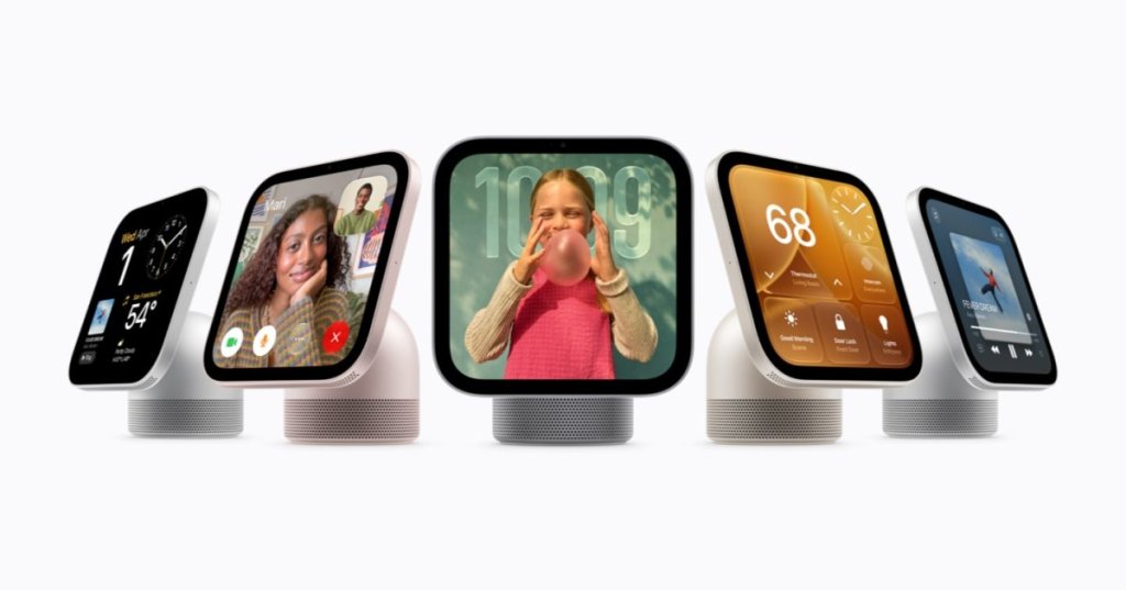 Official Apple image showing five HomeView smart displays in different views and colors.