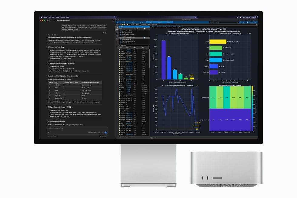 Mac Studio and display running AI software and MATLAB visualizations