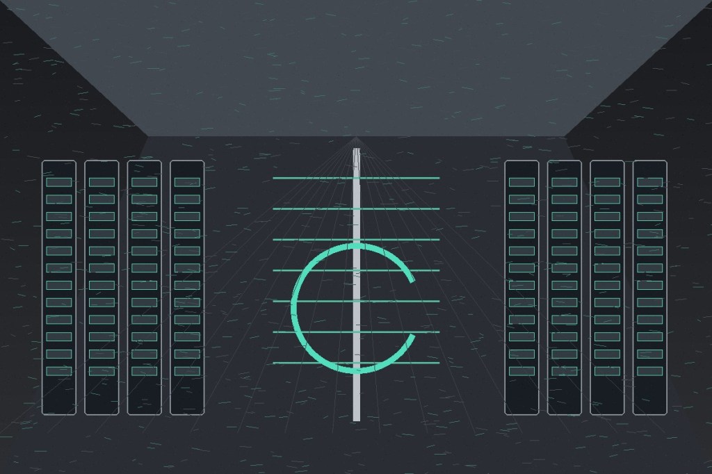 Wordless colored-pencil illustration of a high-density AI data hall with server racks, power distribution, and liquid cooling.
