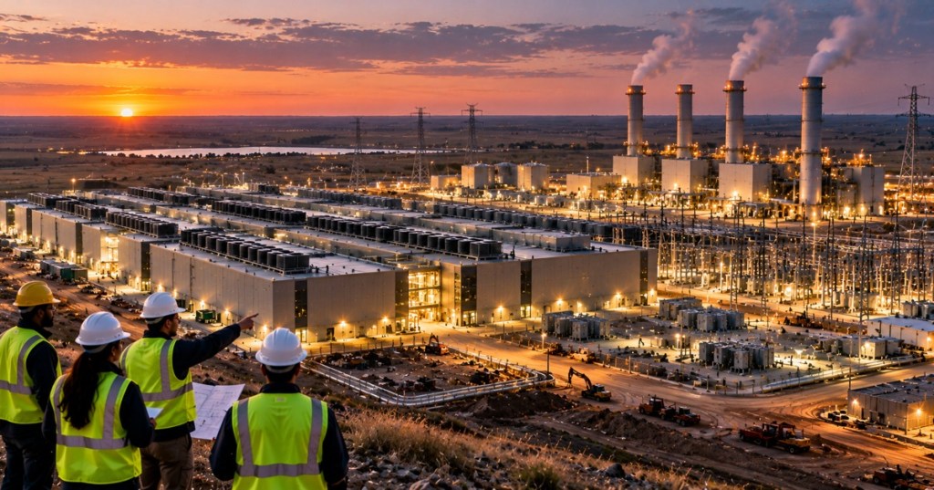 Photorealistic editorial scene of a large AI data center campus beside a natural-gas power plant, substations and transmission infrastructure in North Dakota at sunset.