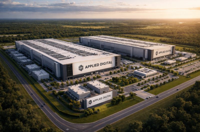 Concept architectural visualization of Applied Digital Delta Forge 1 AI campus buildings and service roads