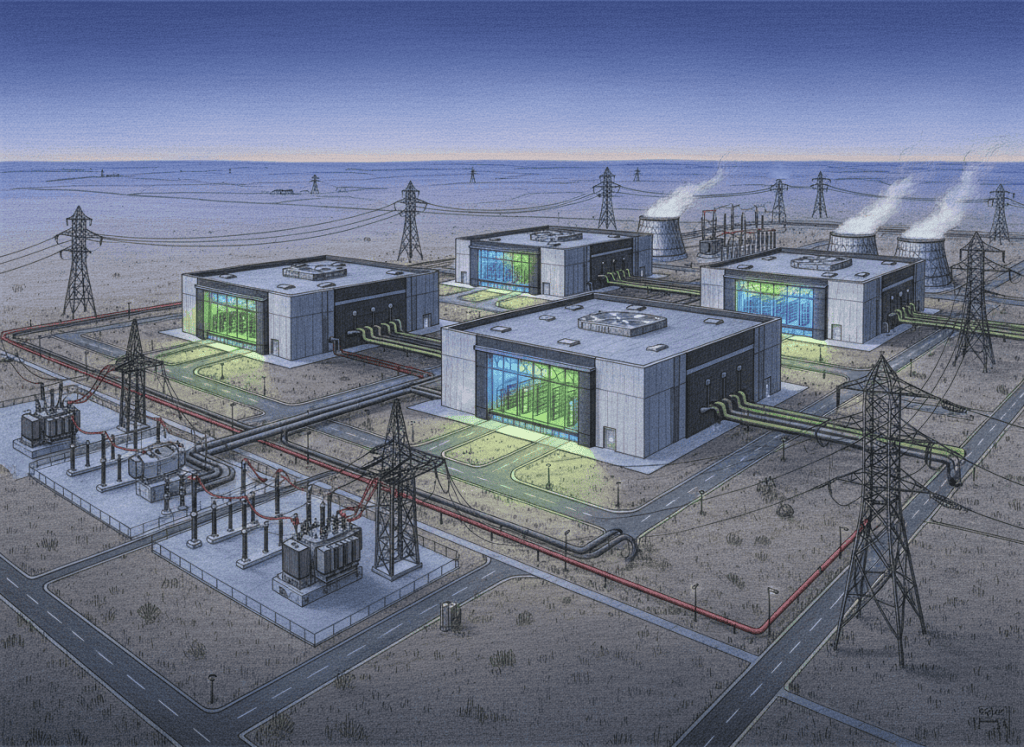 AI data center campus with three commissioned data halls and power infrastructure