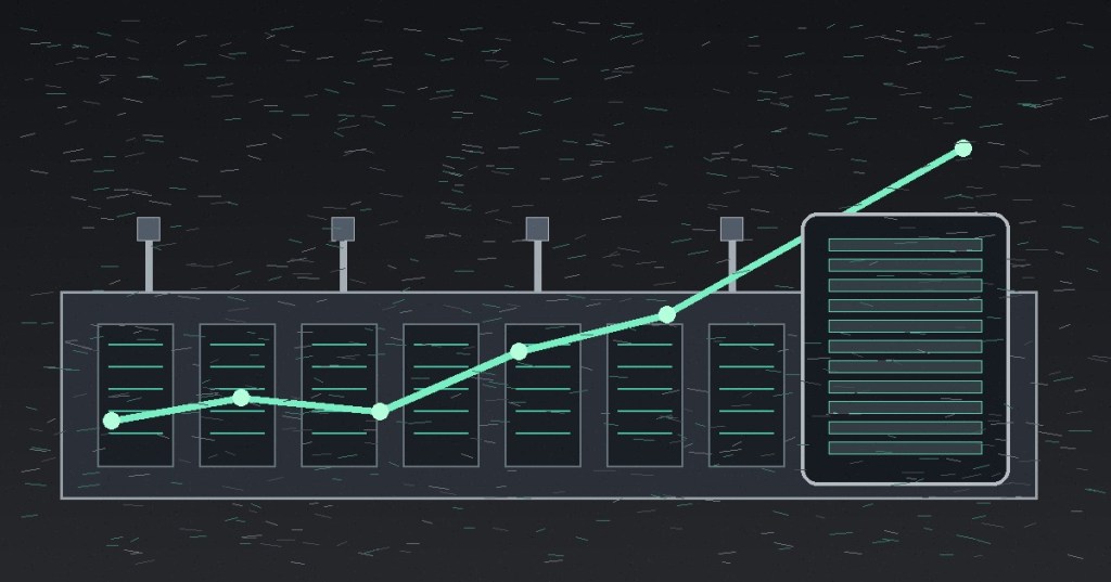 Wordless colored-pencil illustration of a large AI data center campus with server racks, power infrastructure, and a rising data signal.
