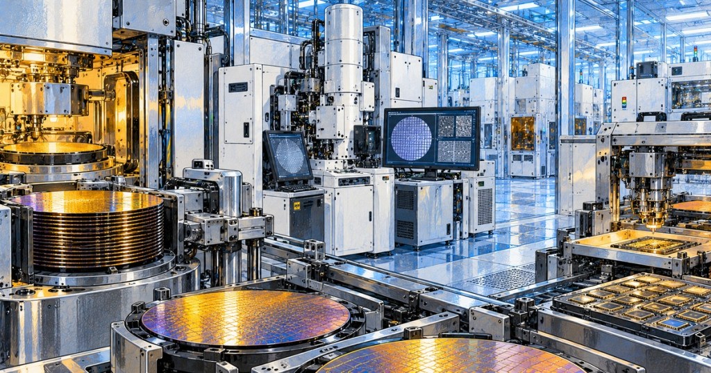Semiconductor fabrication equipment, wafers, eBeam inspection and advanced packaging systems in a cleanroom.