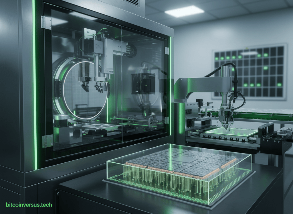 Advanced semiconductor packaging equipment bonds chiplets directly to a wafer beside a panel-scale integration platform.