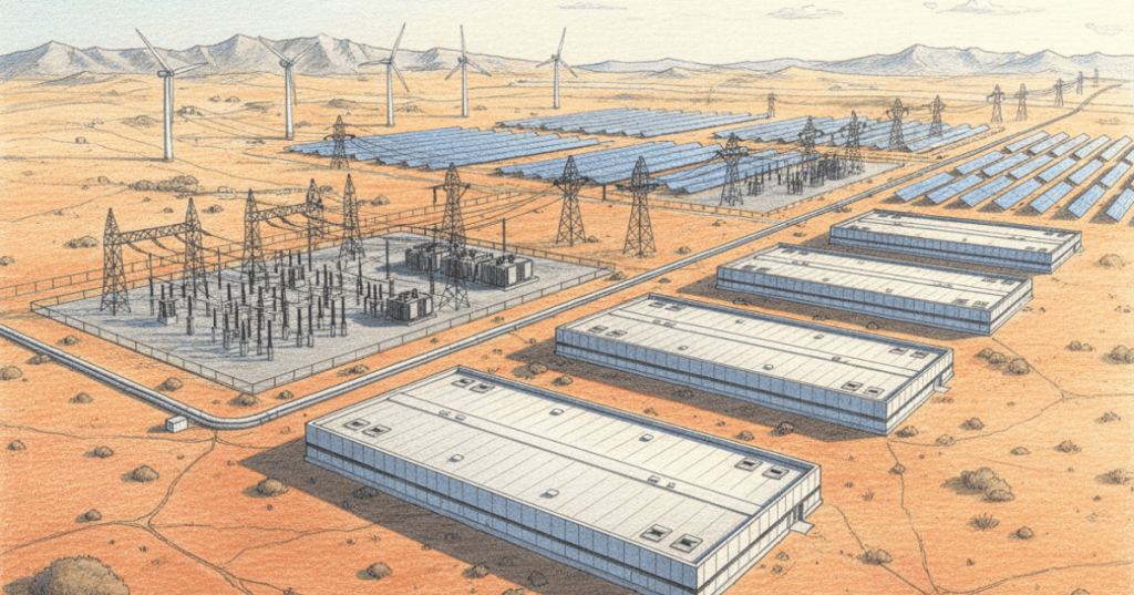 Large data center campus with electrical infrastructure in the dry landscape of Aragon, Spain.