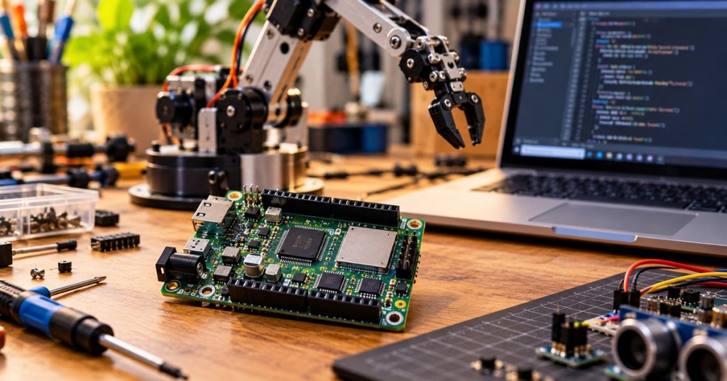 Original editorial illustration of an electronics development board on a robotics workbench