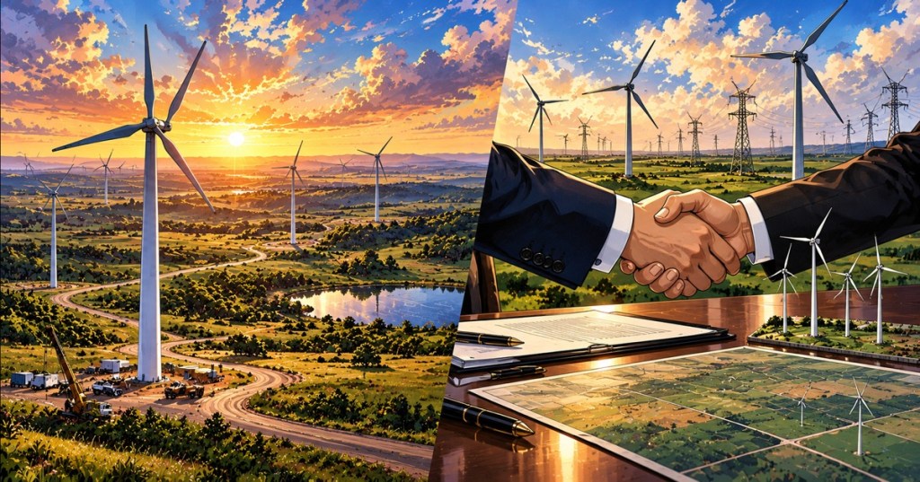 Wordless illustrated editorial depiction of wind turbines, energy infrastructure and a business agreement; conceptual artwork, not a photograph of Oklahoma facilities.