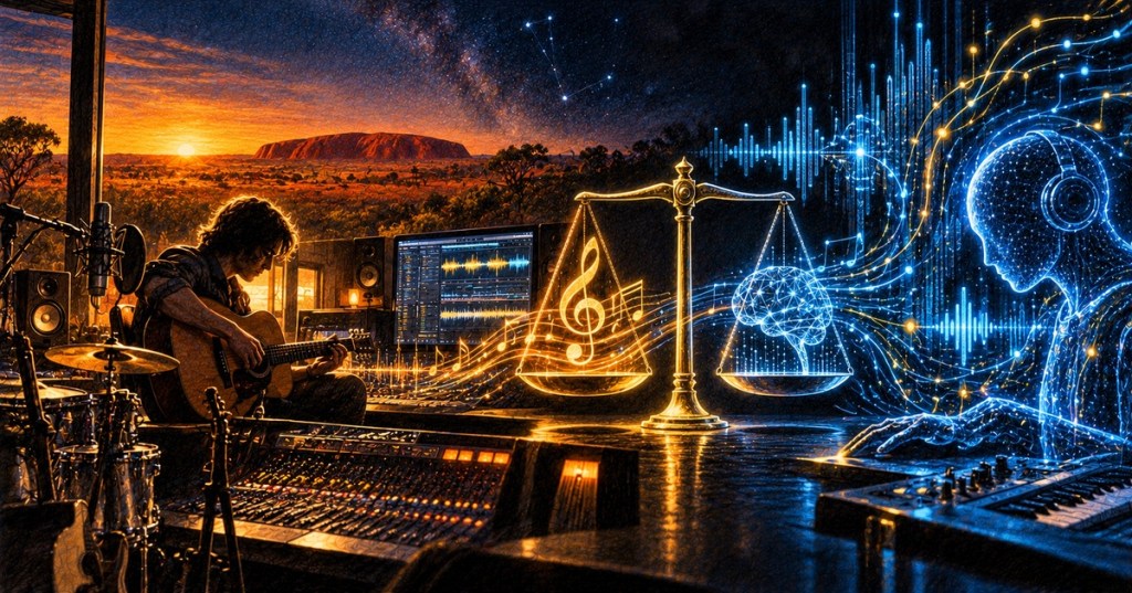 Original colored-pencil illustration of musicians and artificial intelligence balanced across a music studio and Australian landscape, representing AI copyright and licensing debates.