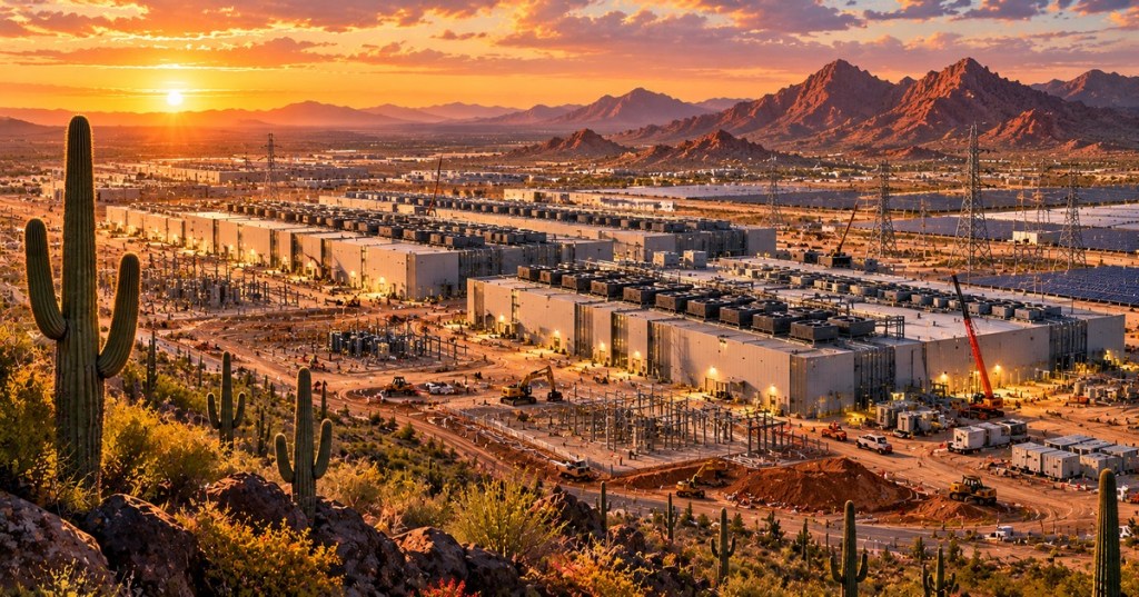 Conceptual anime-realistic editorial view of large data center construction in the Arizona desert, not an actual project photograph