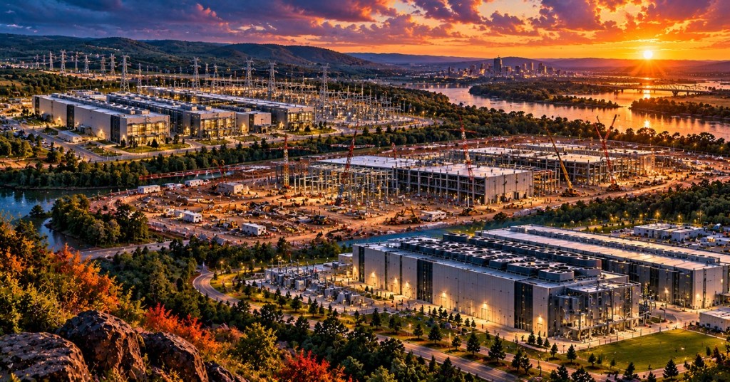 Conceptual editorial illustration of data center construction and infrastructure in Arkansas