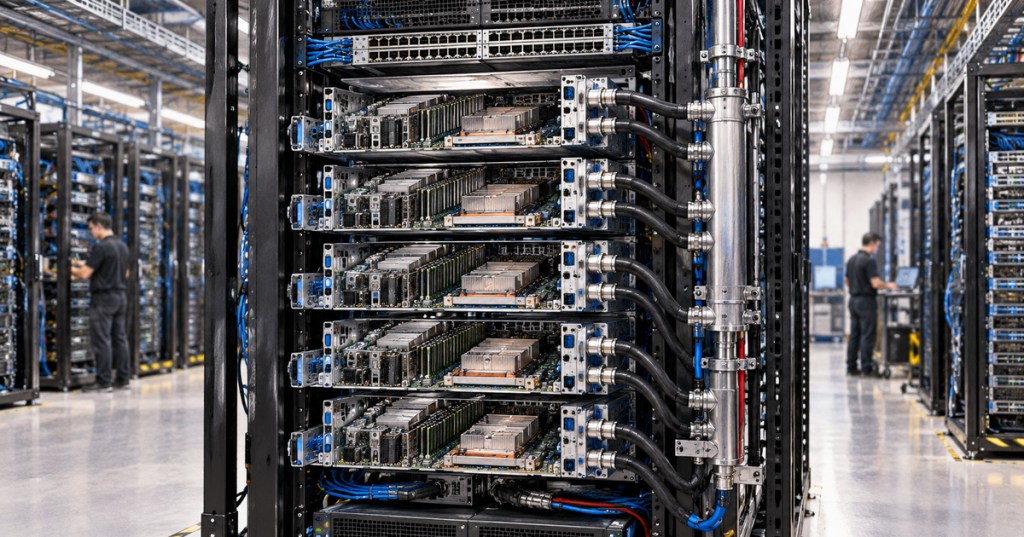 Realistic color-pencil illustration of a liquid-cooled open AI server rack with dense CPU blades, coolant manifolds and data-center infrastructure.