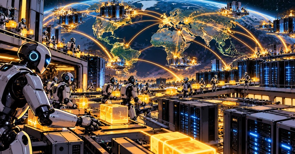 Wordless comic-style artwork showing AI agents, data centers and a global high-speed network connecting autonomous machine economies.