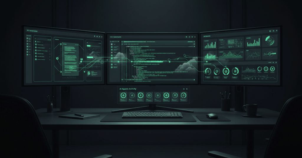 Unified AI workspace with shared documents, code, charts and agent task panels across desktop screens