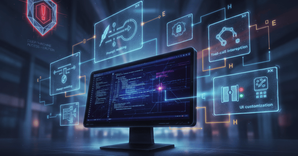 Illustration of a coding assistant interface being customized by modular hooks and plugin components with a security shield.