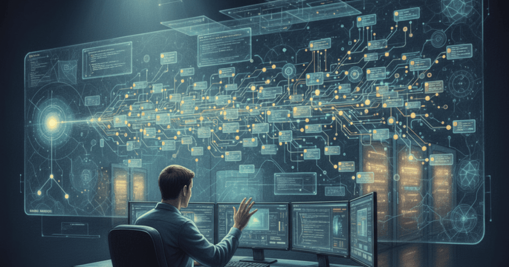 Color-pencil illustration of one engineer coordinating dozens of AI agents through branching and looping orchestration flows.