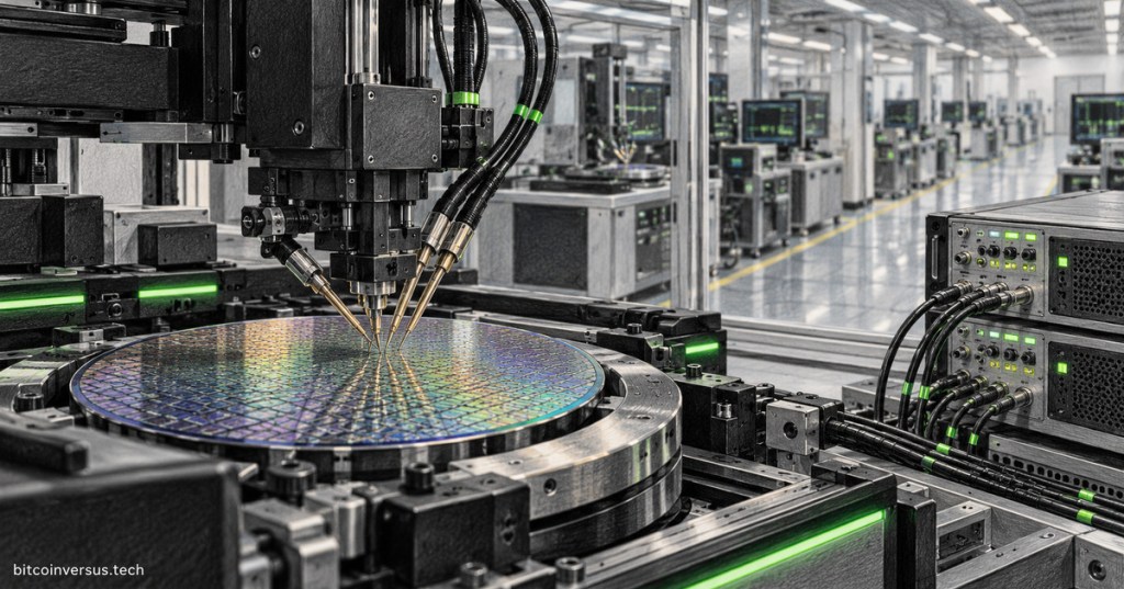 Conceptual illustration of a wafer prober and semiconductor test equipment on an industrial test floor.