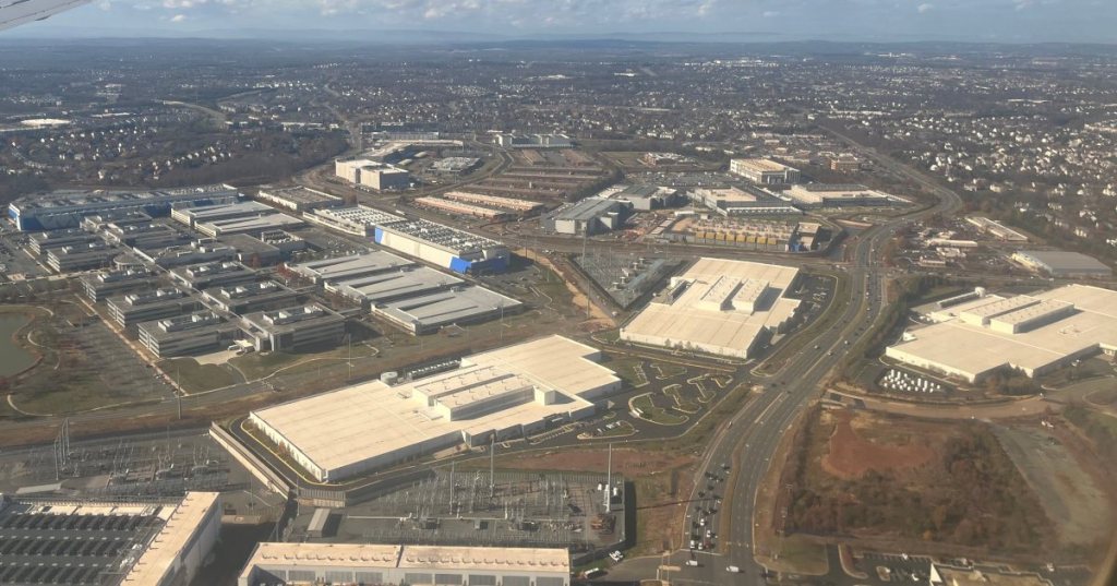 Aerial view of data centers and electrical infrastructure near Ashburn in Loudoun County, Virginia.