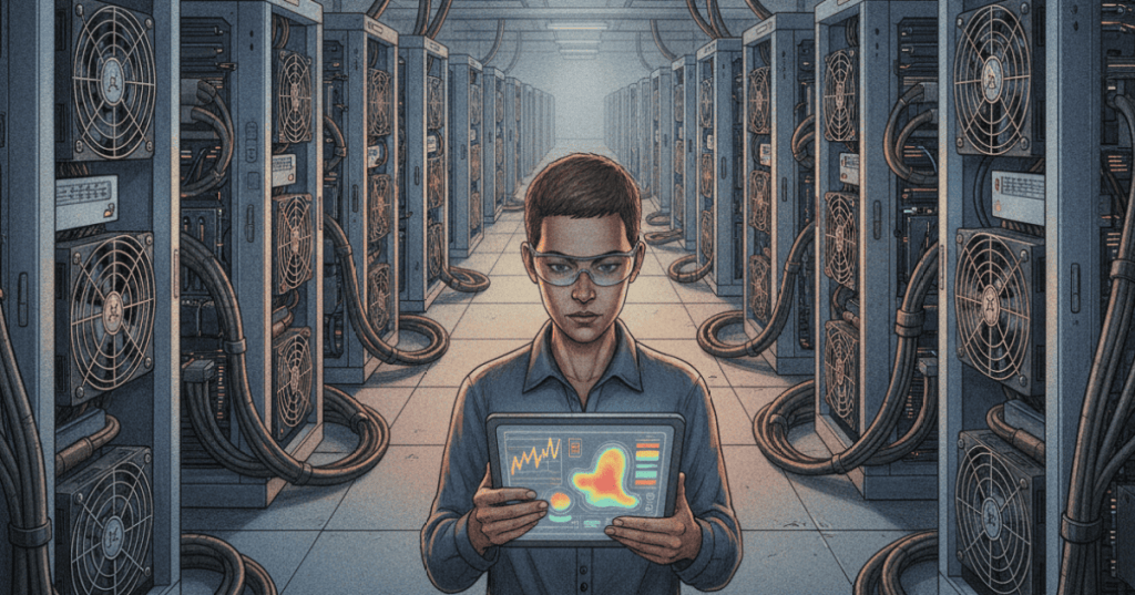 A technician monitoring rows of Bitcoin mining ASICs with fleet telemetry and heat-map indicators in a data center.