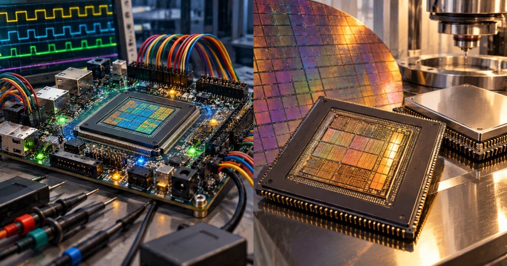 Wordless semiconductor lab comparison showing a reconfigurable FPGA development board on the left and a finished custom ASIC die, packages, and wafer on the right.