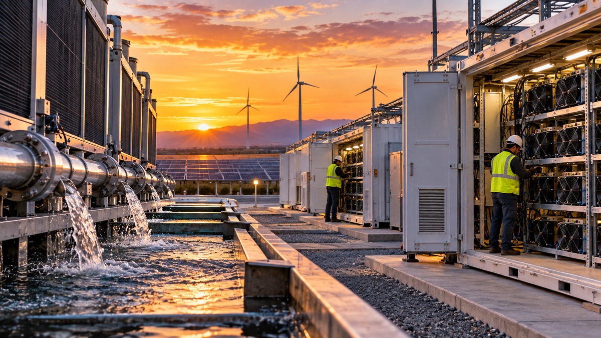 Bitcoin mining equipment, cooling infrastructure and technicians at a large facility, illustrating the engineering evidence needed to verify miner hashrate and power claims.