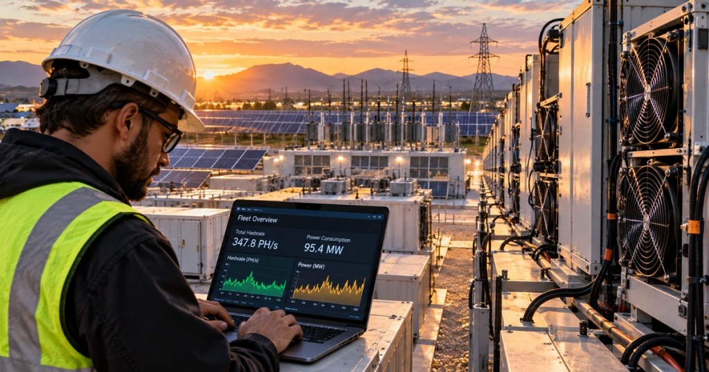 A Bitcoin mining technician reviews live fleet power and hashrate metrics at an industrial mining site, illustrating the need to verify extraordinary mining hardware efficiency claims.