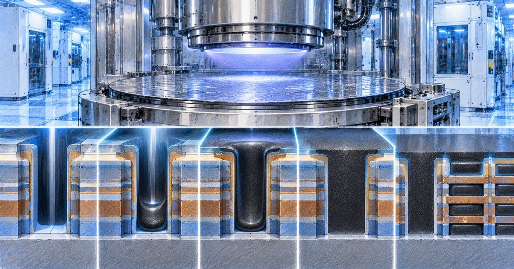 Semiconductor wafer processing illustration showing plasma deposition and carbon filling of deep chip features.